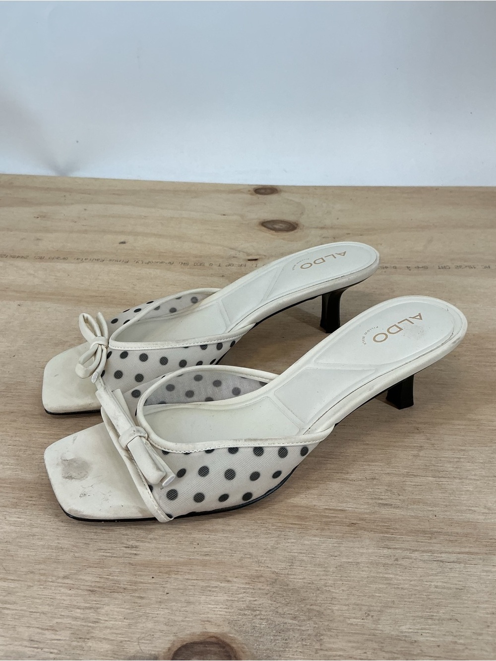 Aldo White Mesh Polka Dot Bow Kitten Heel Mules Size 7